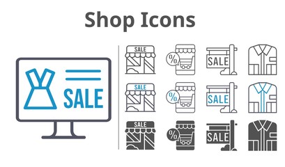 shop icons icon set included online shop, sale, shop, shirt icons