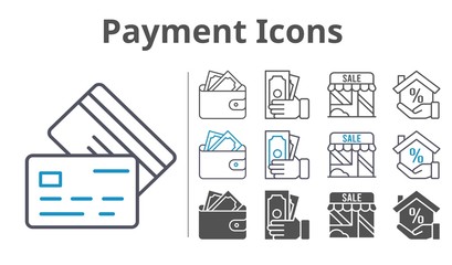 payment icons icon set included wallet, shop, mortgage, money, credit card icons