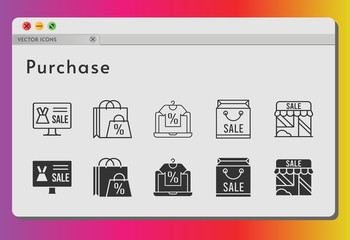 purchase icon set. included online shop, shopping bag, shop icons on white background. linear, filled styles.