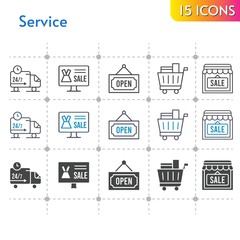 service icon set. included online shop, shop, shopping cart, delivery truck, open icons on white background. linear, bicolor, filled styles.
