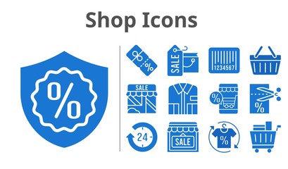 shop icons set. included shopping bag, online shop, 24-hours, shop, shirt, voucher, shopping cart, warranty, discount, shopping-basket, barcode icons. filled styles.
