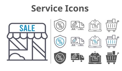 service icons icon set included online shop, shop, shopping cart, warranty, delivery truck icons