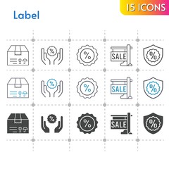 label icon set. included sale, package, discount, warranty icons on white background. linear, bicolor, filled styles.