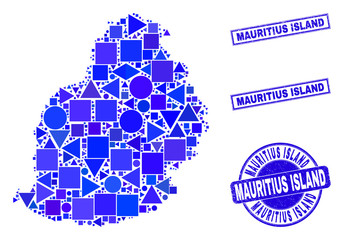 Vector mosaic Mauritius Island map. Geographic scheme in blue color tinges, and rubber round and rectangle stamp seals. Abstract mosaic of Mauritius Island map organized of round, tringle,