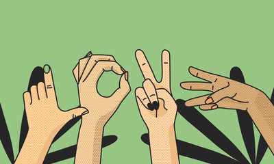 Fingers show the inscription love. Hands gestures of human. Love and peace. Vector Illustration for prints, postcards.