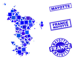 Vector mosaic Mayotte Islands map. Geographic collage in blue color hues, and scratched round and rectangle stamp seals. Abstract mosaic of Mayotte Islands map combined of spheric, tringle,