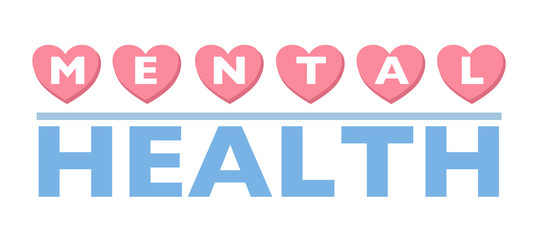 Mental health concept vector illustration on white background. Mental lettering in pink heart shape with blue health text. Design for web, banner, poster.