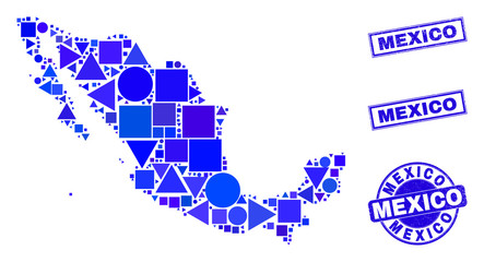 Vector mosaic Mexico map. Geographic scheme in blue color tints, and textured round and rectangle stamp seals. Abstract composition of Mexico map done of round, tringle, square geometric items.