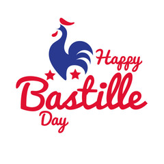 bastille day lettering with rooster hand draw style