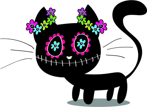 Cute Dia De Los Muertos day of the Dead inspired black cat with flowers, isolated on white background