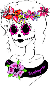 Cute simple doodle line art Dia De Los Muertos sugar skull girl isolated on white background