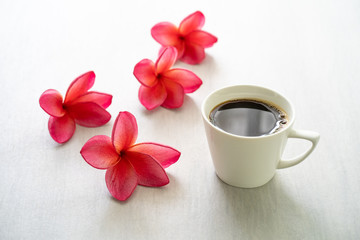 Red plumeria and cup coffee on white table.