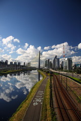 Fototapeta na wymiar Octavio Frias de Oliveira Suspension Bridge over the Pinheiros River and Sao Paulo city skyline, Brazil