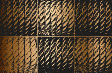 Distress golden grunge vector texture of wicker rope. Black and white background.