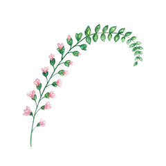 watercolor branch with leaves and pink flowers