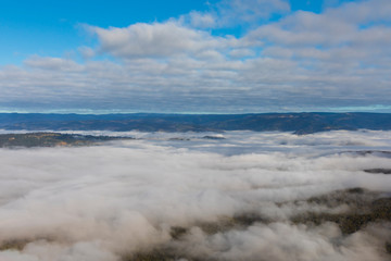 Fototapeta na wymiar Low level clouds in the Jamison Valley near Katoomba in The Blue Mountains in Australia