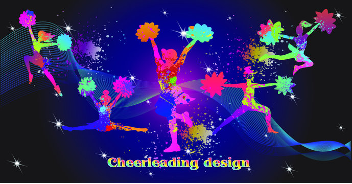 Set of Cheerleading. Sports background. Dancing colorful girl splash paint, Pom Poms. Graphic eps for logo design, brochures. Vector illustration.