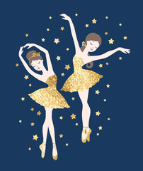 Ballet dance illustration with cute ballerinas in gold glitter tutu dresses and stars on blue background - 352083565