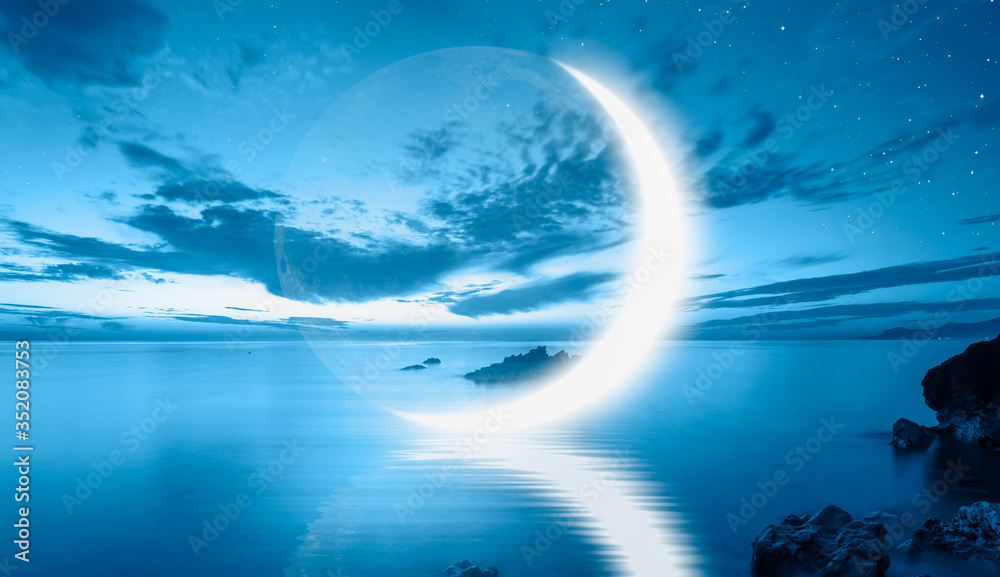 Poster abstract background - crescent moon over the sea with lot of stars and nebula at night