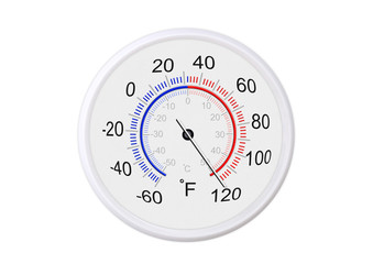 Fahrenheit skales thermometer for measuring weather temperature.  Thermometer isolated on white background. Ambient temperature plus 120 degrees fahrenheit