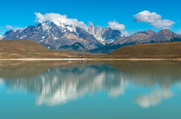 Naklejka na ściany i meble Reflection of the Torres del Paine in the Laguna Amarga, Torres del paine national park, Puerto Natales, Patagonia, Chile.