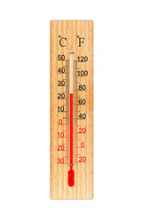 Wooden thermometer isolated on white background. Thermometer shows plus 24 degrees celsius 