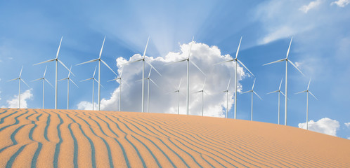 Renewable energy with windmills and solar panels in dessert
