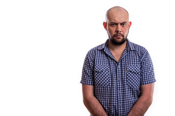 Obraz premium The bearded, bald man hesitates. Questioning look. Isolated on a white background