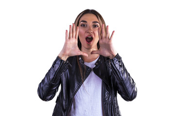 The girl screams loudly. Concept of advertising and discounts. Isolated on a white background