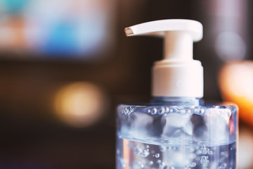 Bottle of hand sanitizer, antimicrobial liquid gel, antibacterial hygiene