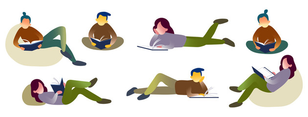 Colour set of people with books. Isolated vector illustration of characters with textbook. Collection of student preparing exams. Reading and studying person.