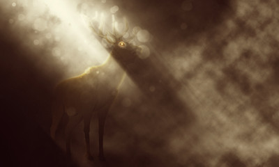 deer on a brown background with light on the body.3D illustratio