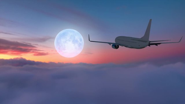 Passenger airplane in the sky on the background full moon at sunset "Elements of this image furnished by NASA"