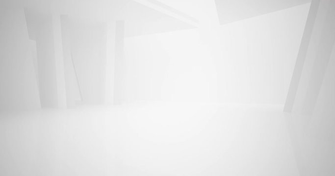 Abstract architectural background. Flying on a white minimalistic interior. Futuristic modern space. Bright lighting. 3D animation and rendering.
