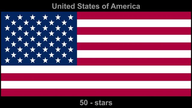 Flag of United States. Animation of appearance of 2 options. Black background and with alpha channel. Concept of overlay, transition, intro - to holiday Flag Day, Independence Day, Columbus Day.