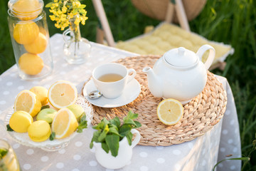 Tea concept, light cup with tea and white teapot decorated with lemons and oliva blooming yellow spring in the garden, top view. Teatime - Relax With Hot Tea In Zen Garden