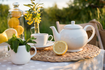 Tea concept, light cup with tea and white teapot decorated with lemons and oliva blooming yellow spring in the garden, top view. Teatime - Relax With Hot Tea In Zen Garden