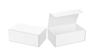 Blank packaging boxes mockups with opened and closed lid, isolated on white background. Vector illustration