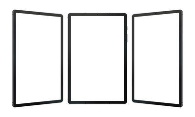 Black tablet computers mockups with blank screens isolated on white background. Vector illustration