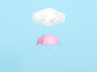 Pink umbrella under the cloud on sky pastel blue background 3d rendering. 3d illustration Rainy Season greeting card template minimal concept.