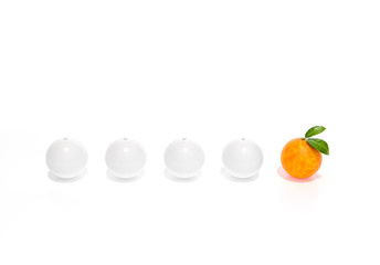 Outstanding orange among white orange on white background 3d rendering. 3d illustration fruit, refreshing and Summer minimal style concept.