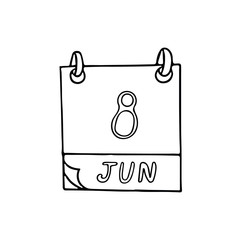 calendar hand drawn in doodle style. June 8. World Oceans Day, date. icon, sticker, element