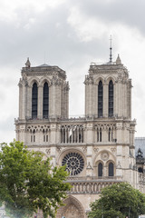 Fototapeta na wymiar Tower of the Notre-Dame de Paris before the big fire, a medieval Catholic cathedral on the Ile de la Cite in the 4th arrondissement of Paris.