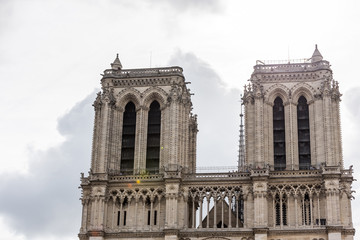 Fototapeta na wymiar Tower of the Notre-Dame de Paris before the big fire, a medieval Catholic cathedral on the Ile de la Cite in the 4th arrondissement of Paris.