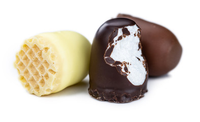Chocolate Marshmallows isolated on white (selective focus)