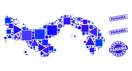 Vector mosaic Panama map. Geographic plan in blue color tones, and corroded round and rectangle stamp seals. Abstract composition of Panama map composed of round, triangles, square geometric items.