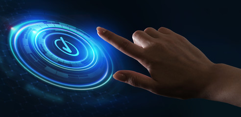 Standard quality control. Certification. Business, technology, internet and networking concept. Young businessman select the icon on the virtual display.