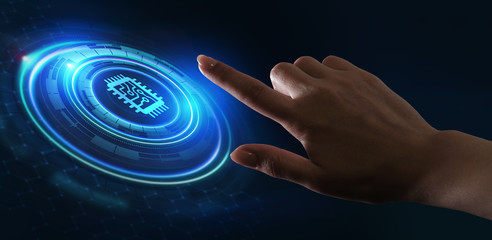 Internet of things - IOT concept. Businessman offer IOT products and solutions. Young businessman  select the abstract chip with text IoT on the virtual display.