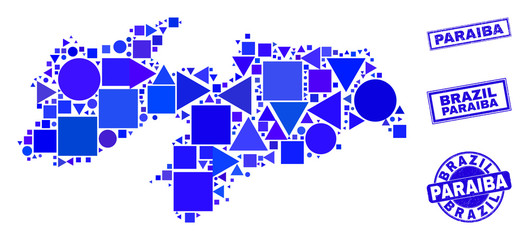 Obraz premium Vector mosaic Paraiba State map. Geographic scheme in blue color shades, and unclean round and rectangle stamp seals. Abstract mosaic of Paraiba State map designed of round, tringle,