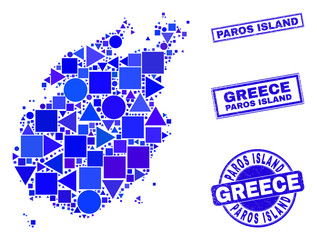 Obraz premium Vector mosaic Paros Island map. Geographic collage in blue color tinges, and scratched round and rectangle seal stamps. Abstract mosaic of Paros Island map combined of spheric, triangles,